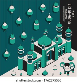 Eid al Adha Background isometric. Islamic Arabic mosque, lanterns and sheep. Greeting card. Festival of the Sacrifice