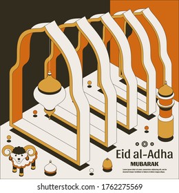 Eid al Adha Background isometric. Islamic Arabic mosque, lanterns and sheep. Greeting card. Festival of the Sacrifice