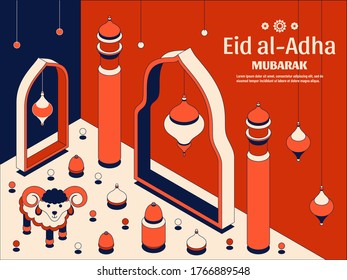 Eid al Adha Background isometric. Islamic Arabic mosque, lanterns and sheep. Greeting card. Festival of the Sacrifice. Vector illustration.