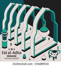 Eid al Adha Fondo isométrico. Mezquita árabe islámica, linternas y ovejas. Tarjeta de felicitación. Festival del Sacrificio. Ilustración vectorial.