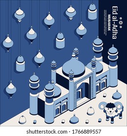 Eid al Adha Background isometric. Islamic Arabic mosque, lanterns and sheep. Greeting card. Festival of the Sacrifice. Vector illustration.