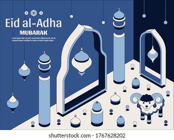 Eid al Adha Background isometric. Islamic Arabic mosque, lanterns and sheep. Greeting card. Festival of the Sacrifice