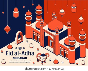 Eid al Adha Hintergrund isometrisch. Islamische arabische Moschee, Laternen und Schafe. Grußkarte. Festival der Opfer
