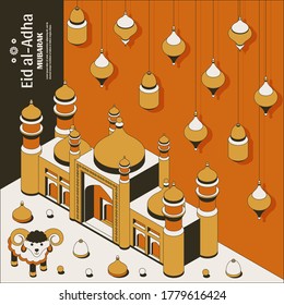 Eid al Adha Hintergrund isometrisch. Islamische arabische Moschee, Laternen und Schafe. Grußkarte. Festival der Opfer