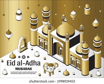 Eid al Adha Fondo isométrico. Mezquita árabe islámica, linternas y ovejas. Tarjeta de felicitación. Festival del Sacrificio