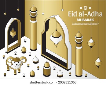 Eid al Adha Background isometric. Islamic Arabic mosque, lanterns and sheep. Greeting card. Festival of the Sacrifice