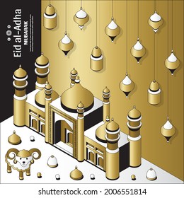 Eid al Adha Background isometric. Islamic Arabic mosque, lanterns and sheep. Greeting card. Festival of the Sacrifice