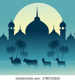 Fondo de Eid Al adha con vector de mezquita y animales de sacrificio