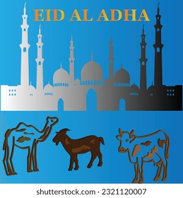 Eid al adha background with mosque camel and sheep and cow