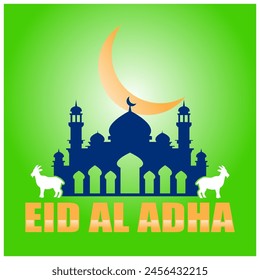 eid al adha background with mosque and goat. vector illustration