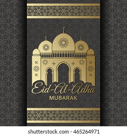 Eid Al Adha Background. Mosque and Islamic Arabic window. Greeting card. Vector illustration.