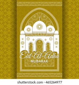 Eid Al Adha Background. Mosque and Islamic Arabic window. Greeting card. Vector illustration.