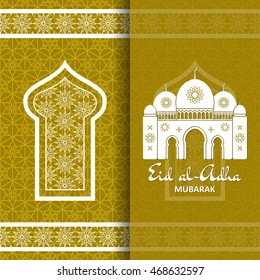 Eid Al Adha Background. Mosque and Islamic Arabic window. Greeting card. Vector illustration.