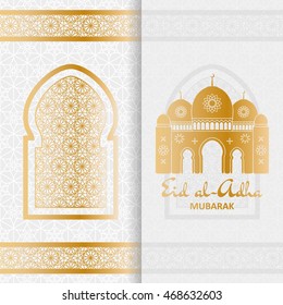 Eid Al Adha Background. Mosque and Islamic Arabic window. Greeting card. Vector illustration.