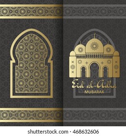 Antecedentes de Eid Al Adha. Mezquita y ventana islámica árabe.Tarjeta de felicitación. Ilustración vectorial.