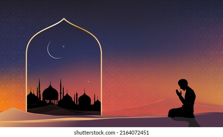 Eid Al Adha background with Silhouette Dome Mosques,Muslim man praying on Sunset,Vetor Islamic card,Ramadhan Night with Crescent moon,orange sky,Islamic religion,Eid Mubarak,Eid al fitr,Ramadan Kareem