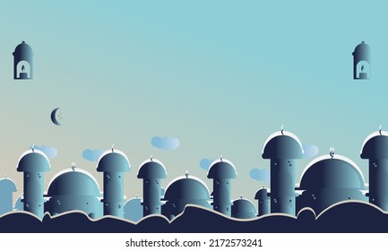 Eid Al Adha Background with silhouette of mosque, moon, blue sky and copy space area. Suitable to place on content with that theme.