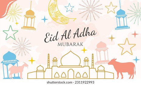 eid al adha background vector flat design in pastel color and doodle style. suitable for use on greeting card. horizontal poster.header for website