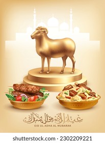 Eid Al Adha (Bakrid) greeting background with traditional Arabic dishes (kebab, maqluba), gold statuette of a sheep and calligraphy. Text translation: “Blessed festival of sacrifice”. Vector.