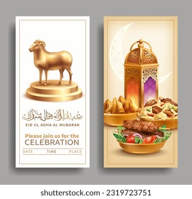 Eid Al Adha (Bakrid) invitation cards with traditional Arabic dishes (kebab, maqluba), gold statuette of a sheep and calligraphy. Text translation: “Blessed festival of sacrifice”. Vector set.