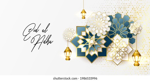 eid al adha banner design of Eid Mubarak for the celebration of Muslim community festival Eid Al Adha. Greeting card with paper art, stars and crescent on background. Vector illustration.