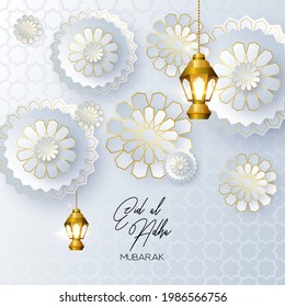 eid al adha banner design of Eid Mubarak for the celebration of Muslim community festival Eid Al Adha. Greeting card with lantern and crescent on background. Vector illustration.