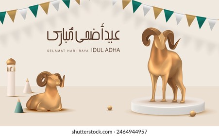 Eid Al Adha Banner Design Vector Illustration. Islamic and Arabic Background for Muslim Community Festival. Moslem Holiday. 3D Modern Islamic  suitable for Ramadan, Raya Hari, Eid al Adha and Mawlid.