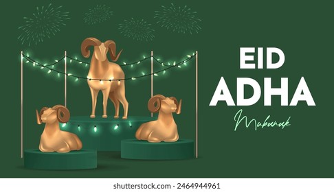 Eid Al Adha Banner Design Vector Illustration. Islamic and Arabic Background for Muslim Community Festival. Moslem Holiday. 3D Modern Islamic  suitable for Ramadan, Raya Hari, Eid al Adha and Mawlid.