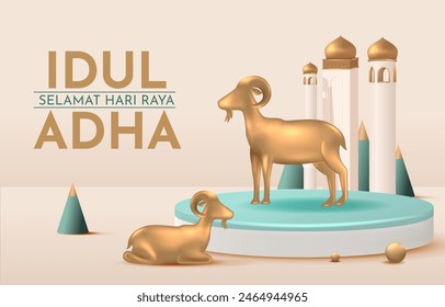 Eid Al Adha Banner Design Vector Illustration. Islamic and Arabic Background for Muslim Community Festival. Moslem Holiday. 3D Modern Islamic  suitable for Ramadan, Raya Hari, Eid al Adha and Mawlid.