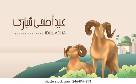 In: Eid Al Adha Banner Design Vektorillustration. Islamischer und arabischer Hintergrund für das muslimische Gemeindefest. Moslemische Festliche Musik. 3D Modern Islamic passend für Ramadan, Raya Hari, Eid al Adha und Mawlid.