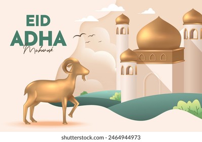 Eid Al Adha Banner Design Vector Illustration. Islamic and Arabic Background for Muslim Community Festival. Moslem Holiday. 3D Modern Islamic  suitable for Ramadan, Raya Hari, Eid al Adha and Mawlid.