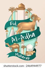 Eid Al Adha Banner Design Vector Illustration. Islamic and Arabic Background for Muslim Community Festival. Moslem Holiday. 3D Modern Islamic  suitable for Ramadan, Raya Hari, Eid al Adha and Mawlid.