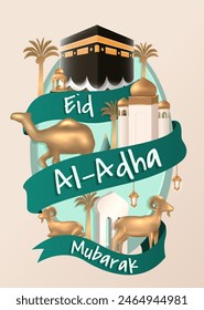 Eid Al Adha Banner Design Vector Illustration. Islamic and Arabic Background for Muslim Community Festival. Moslem Holiday. 3D Modern Islamic  suitable for Ramadan, Raya Hari, Eid al Adha and Mawlid.