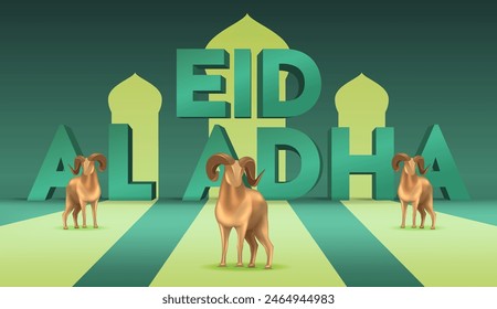 Eid Al Adha Banner Design Vector Illustration. Islamic and Arabic Background for Muslim Community Festival. Moslem Holiday. 3D Modern Islamic  suitable for Ramadan, Raya Hari, Eid al Adha and Mawlid.