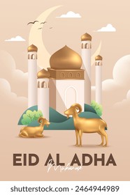 Eid Al Adha Banner Design Vector Illustration. Islamic and Arabic Background for Muslim Community Festival. Moslem Holiday. 3D Modern Islamic  suitable for Ramadan, Raya Hari, Eid al Adha and Mawlid.