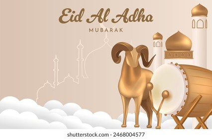 Eid Al Adha Banner Design Vector Illustration. Islamic and Arabic Background for Muslim Community Festival. Moslem Holiday. 3D Modern Islamic  suitable for Ramadan, Raya Hari, Eid al Adha and Mawlid.