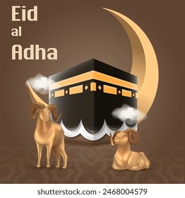 Eid Al Adha Banner Design Vector Illustration. Islamic and Arabic Background for Muslim Community Festival. Moslem Holiday. 3D Modern Islamic  suitable for Ramadan, Raya Hari, Eid al Adha and Mawlid.