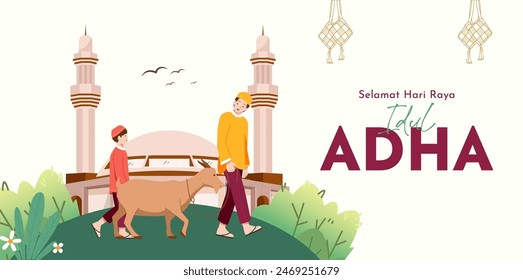 Eid Al Adha Banner Design Vector Illustration. Islamic and Arabic Background for Muslim Community Festival. Moslem Holiday. 3D Modern Islamic  suitable for Ramadan, Raya Hari, Eid al Adha and Mawlid.