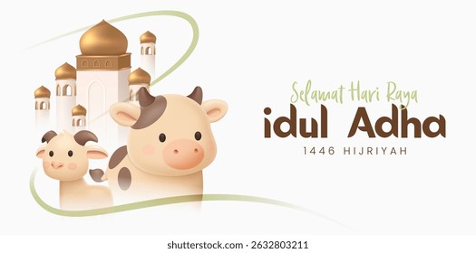 Eid Al Adha Banner Design Vector Illustration. Islamic and Arabic Background for Muslim Community Festival. Moslem Holiday. 3D Modern Islamic  suitable for Ramadan, Raya Hari, Eid al Adha and Mawlid.