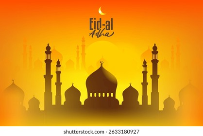 Eid al Adha banner, poster, groeten of achtergrond met een moskee, maan, lantaarn 
 Eid al Adha kalligrafie of typografie. Ideaal voor wenskaarten en social media. Islamitische achtergrond met moskee.