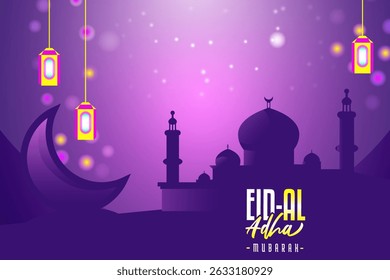 Eid al Adha banner, poster, greetings or background with a mosque, moon, lantern 
 and Eid al Adha calligraphy or typography. Abstract Islamic background with calligraphy and glowing lantern lights