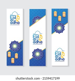 Eid Al Adha Banner Set. Golden Lamps and Flowers on Blue and White Background Vector Illustration