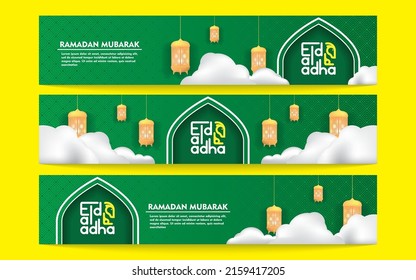 Eid Al Adha Banner Set. Golden Lamps and Cloud on Green Background Vector Illustration