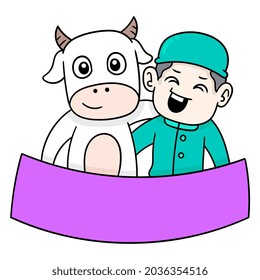 Plantilla de banner de Eid al Adha, ilustración vectorial art. doodle imagen kawaii.