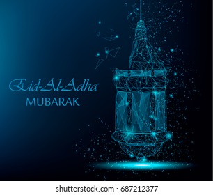 Eid Al Adha beautiful greeting card with traditional Arabic lantern. Polygonal art on blue background. Stock vector