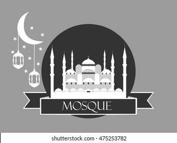 Eid al adha, blue mosque, minaret, lantern and moon, muslim holiday lights on a white background. Vector.