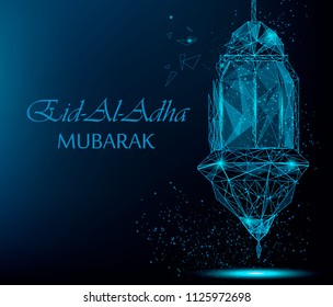 Eid al adha bright greeting card with traditional Arabic lantern. Polygonal art on blue background. Happy Kurban Bayram. Stock vector illustration