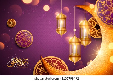 Eid al adha calligraphy design with glimmer golden crescent and lantern elements in 3d illustration, purple background