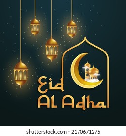 Eid Al Adha calligraphy design with blue arabesque decorations