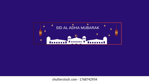 Eid al adha Calligraphy greeting cards with lanterns and Traditional Mosques. Vector illustration.